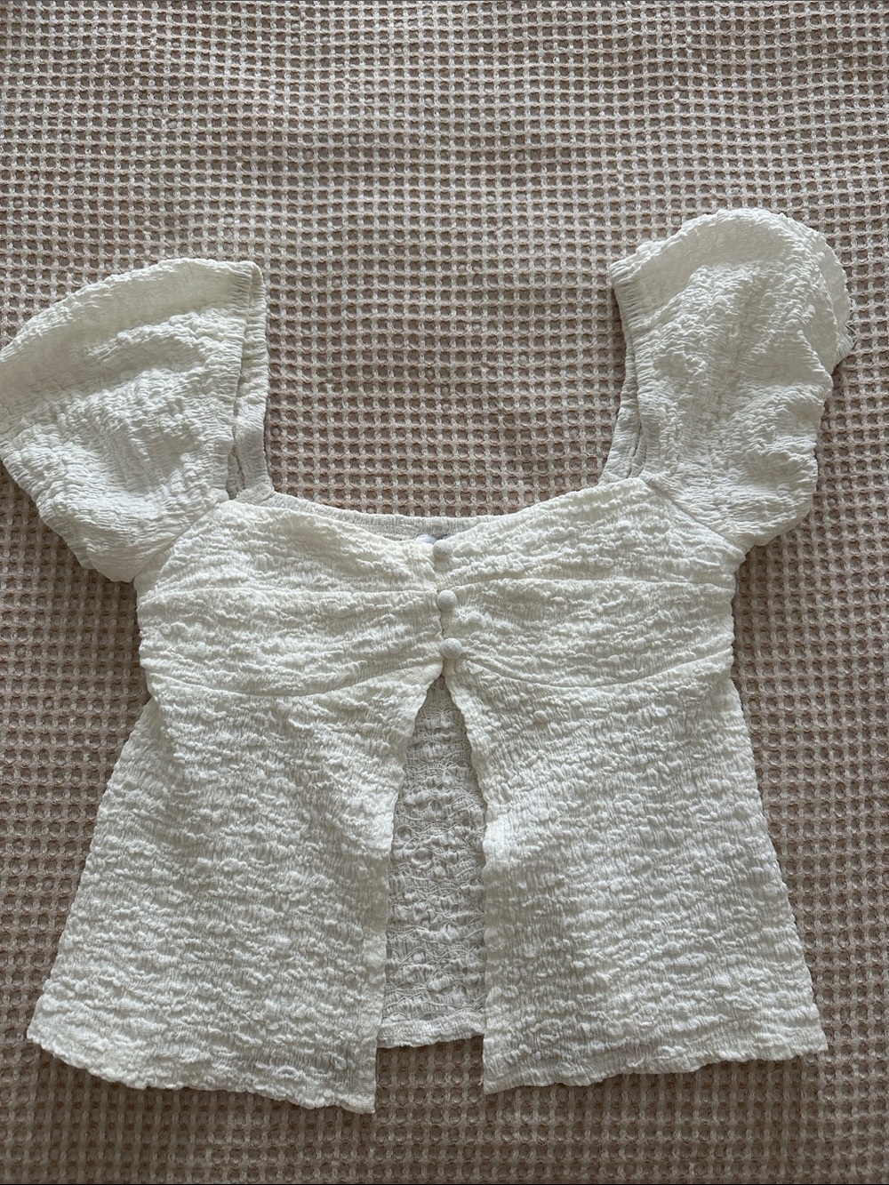 Princess Polly Cream Textured Puff-Sleeve Button Front Top
